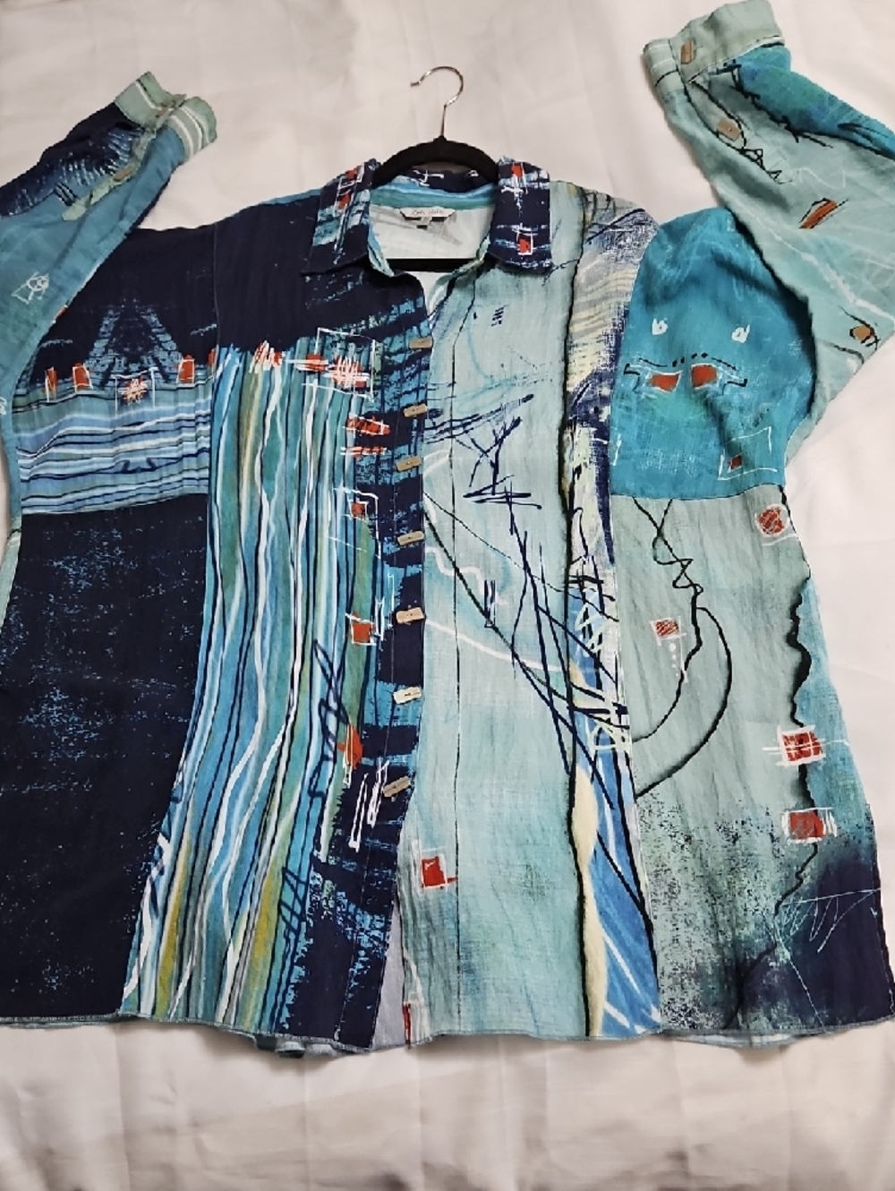 John Mark 2X Abstract Blue Button-Up Art Print Shirt Tunic Artsy - Picture 9 of 16